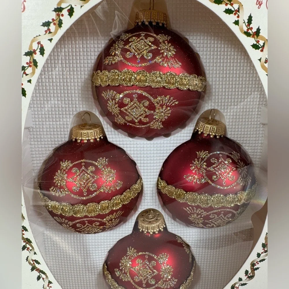 Elegant glass Christmas burgundy, gold ornaments by Krebs